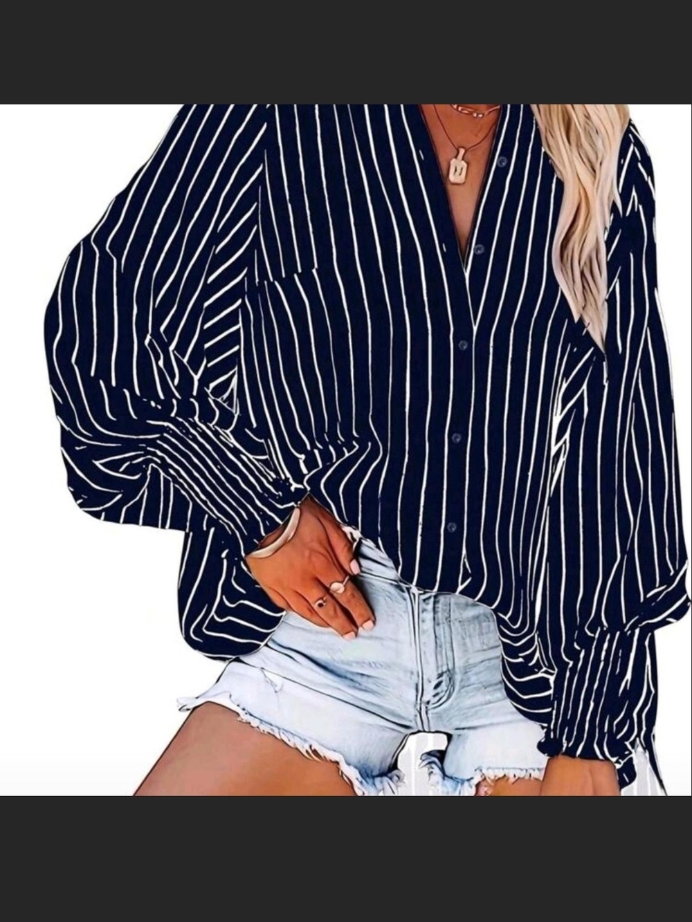 Striped Navy Button-Down Balloon Sleeve Blouse